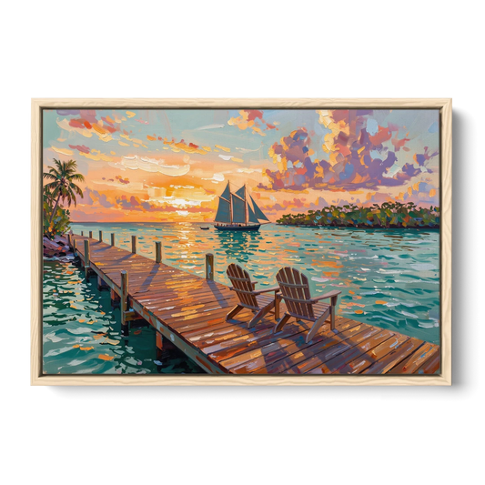 Key West Tropical Sunset - Oak Framed Canvas Wall Art - Front