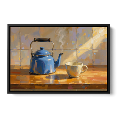 Kitchen Art Prints with a Blue Kettle and Cup - Black Framed Canvas Wall Art - Front
