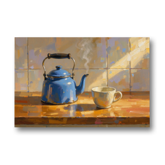 Kitchen Art Prints with a Blue Kettle and Cup - Canvas Wall Art - Front