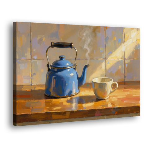 Kitchen Art Prints with a Blue Kettle and Cup - Canvas Wall Art - Side