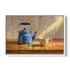Kitchen Art Prints with a Blue Kettle and Cup - White Framed Canvas Wall Art - Front