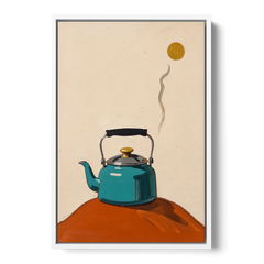 Kitchen Canvas Prints Teal Kettle with Steam Curl - White Framed Canvas Wall Art - Front