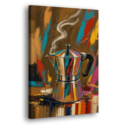 Kitchen Coffee Wall Art of a Steaming Moka Pot - Canvas Wall Art - Side