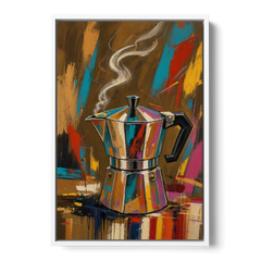 Kitchen Coffee Wall Art of a Steaming Moka Pot - White Framed Canvas Wall Art - Front