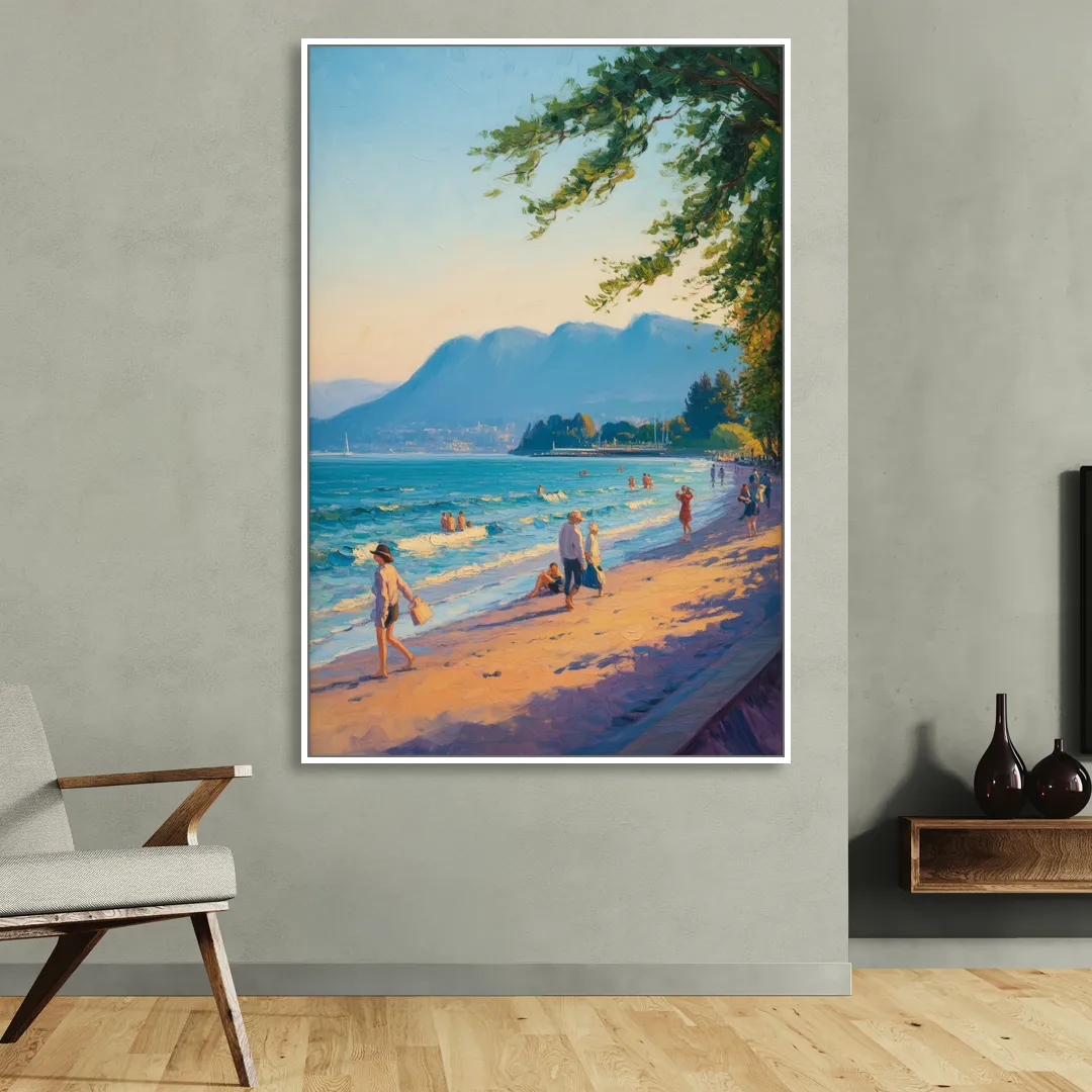 Kitsilano Beach Day Living Room - White Canvas Wall Art