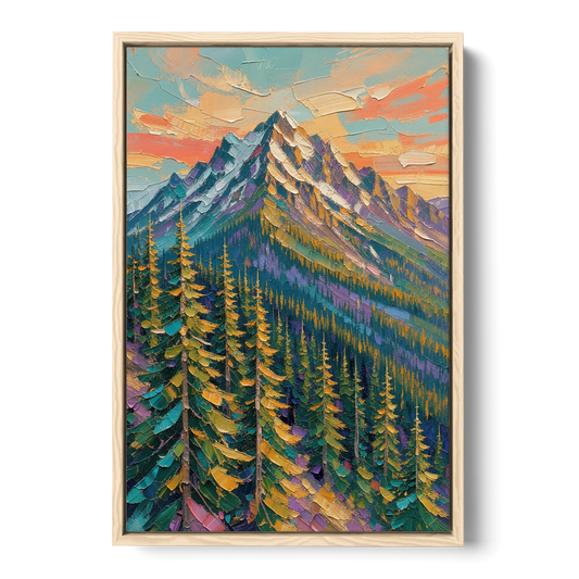 Knife-Laid Forest Pines Below the Mountain Peak - Oak Framed Canvas Wall Art - Front