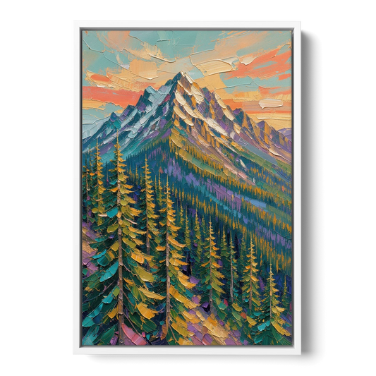 Knife-Laid Forest Pines Below the Mountain Peak - White Framed Canvas Wall Art - Front