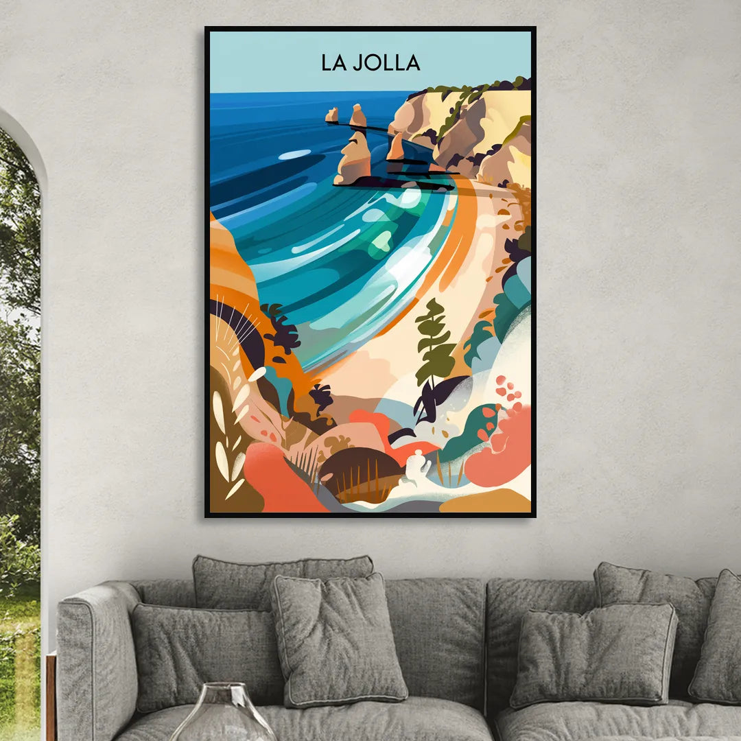 La Jolla Coastal Vibes Living Room - Black Canvas Wall Art