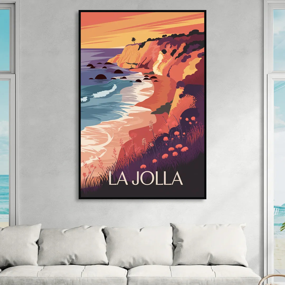 La Jolla Sunset Views Living Room - Black Canvas Wall Art