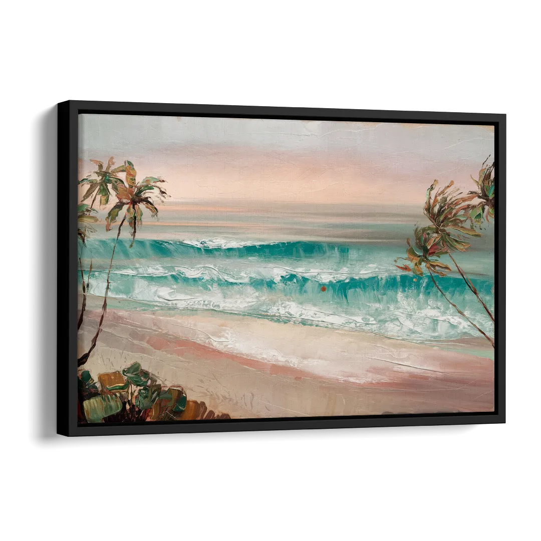 La Jolla Waves And Palms Side - Black Canvas Wall Art