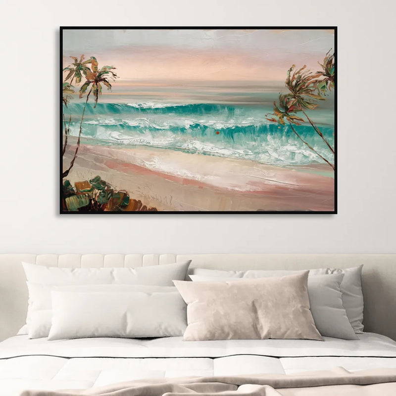 La Jolla Waves And Palms Sitting Room - Black Canvas Wall Art
