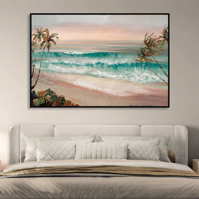 La Jolla Waves And Palms Living Room - Black Canvas Wall Art