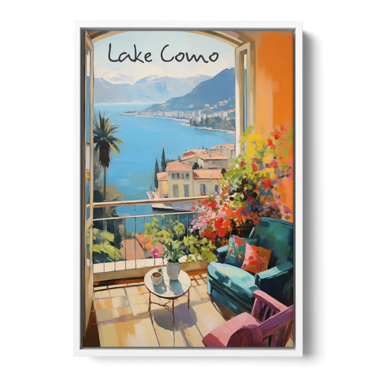 Lake Como Painting Through an Open Window - White Framed Canvas Wall Art - Front
