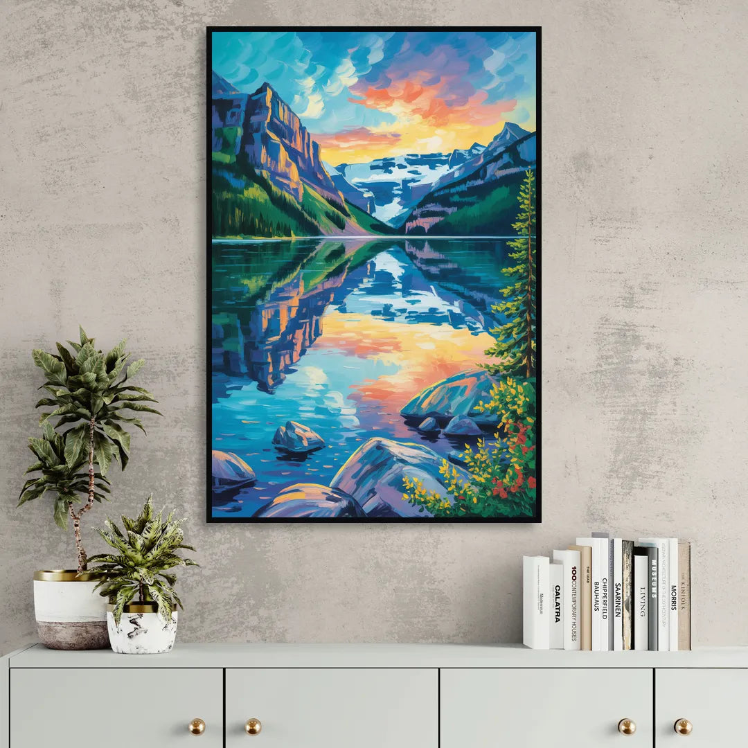 Lake Louise Reflections Living Room - Black Canvas Wall Art