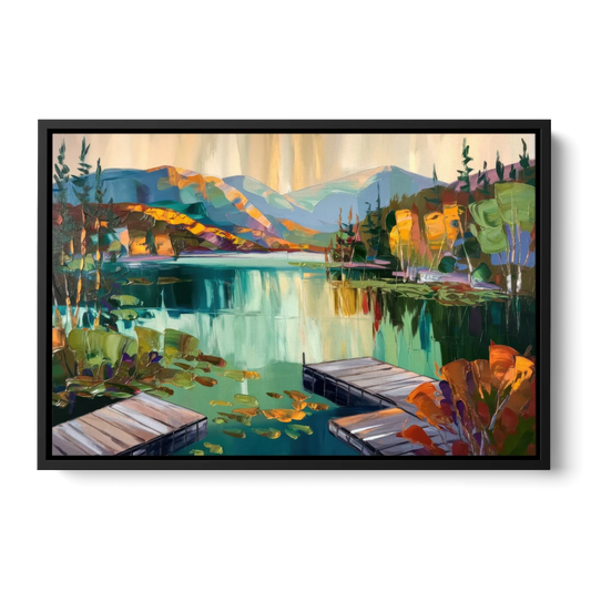 Lake Placid Mirror Lake View - Black Framed Canvas Wall Art - Front