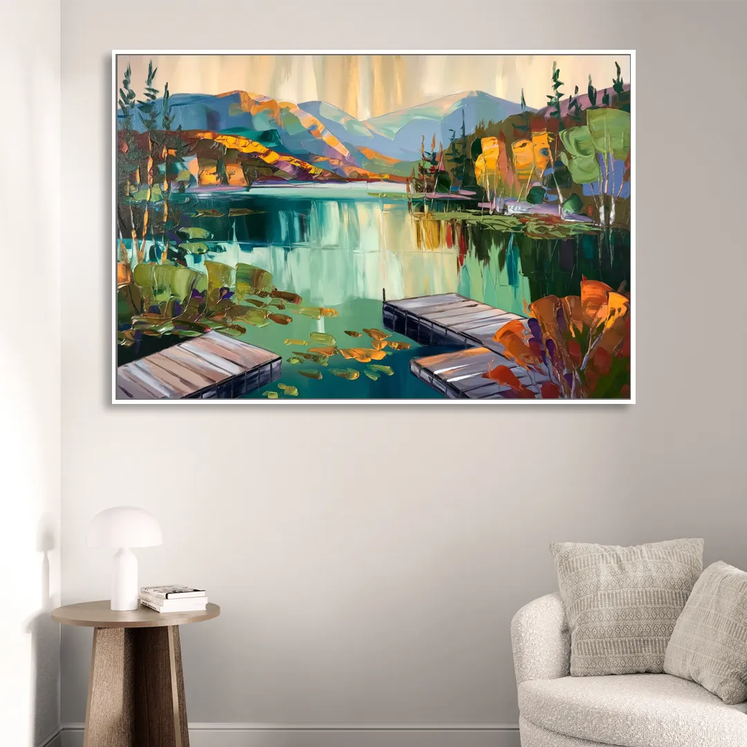 Lake Placid Mirror Lake View Living Room - White Canvas Wall Art
