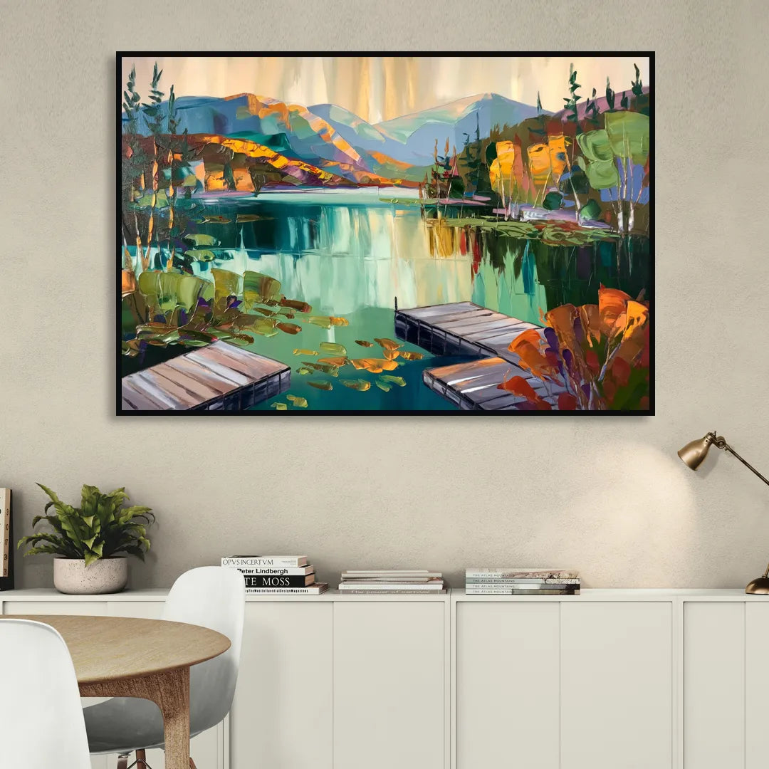 Lake Placid Mirror Lake View Living Room - Black Canvas Wall Art