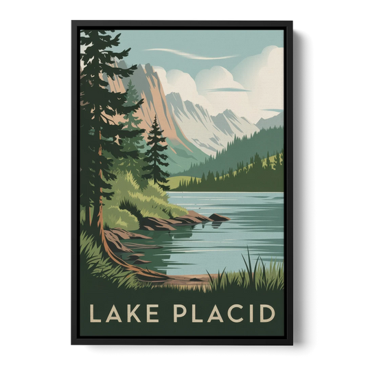 Lake Placid Mountain Escape - Black Framed Canvas Wall Art - Front