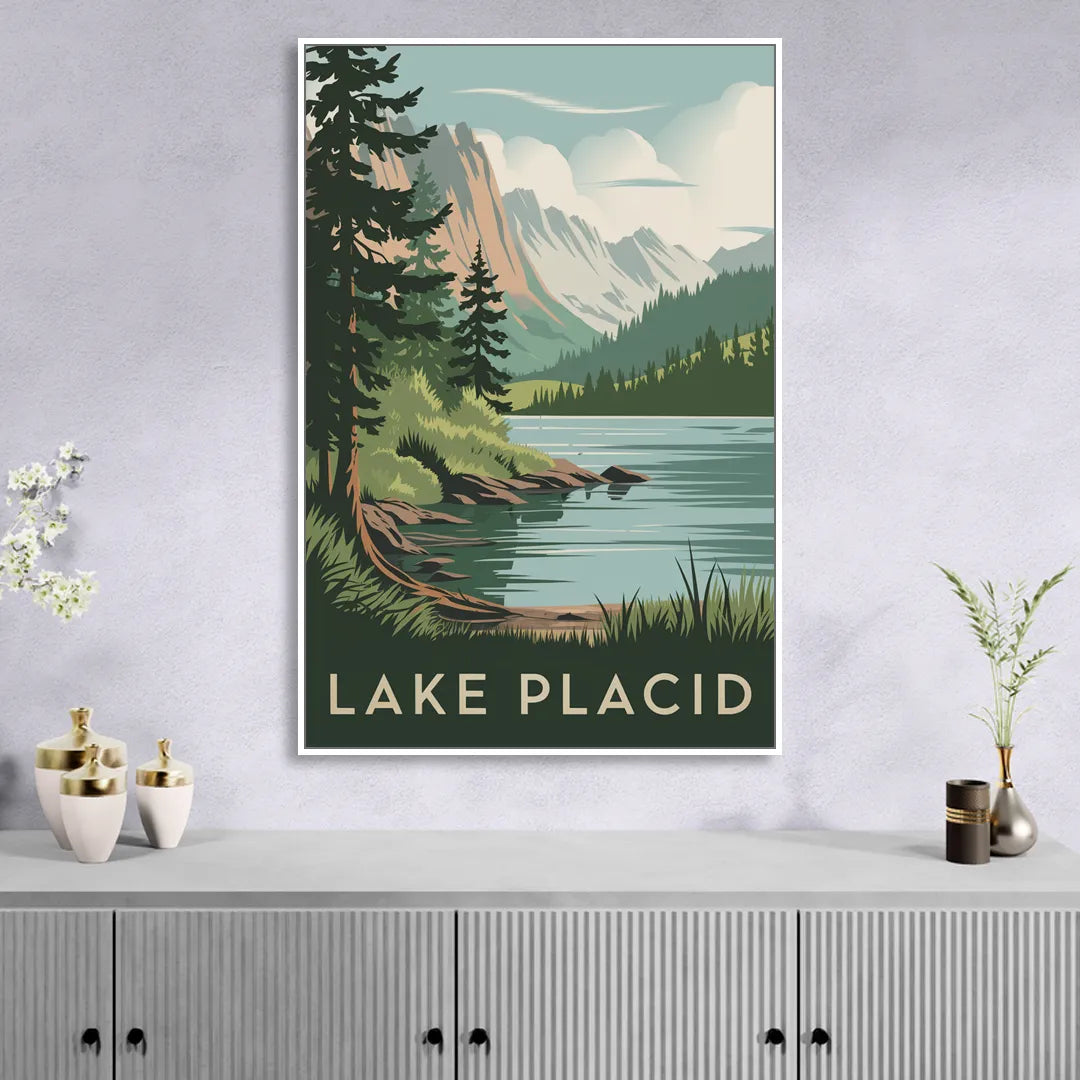 Lake Placid Mountain Escape Living Room - White Canvas Wall Art