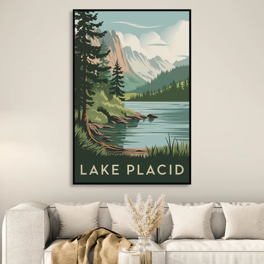 Lake Placid Mountain Escape Living Room - Black Canvas Wall Art