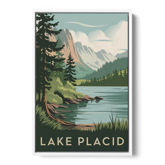 Lake Placid Mountain Escape - White Framed Canvas Wall Art - Front