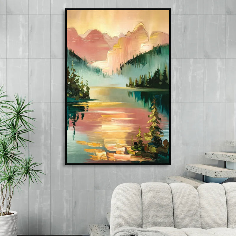 Lake Placid Sunrise Over Peaks Living Room - Black Canvas Wall Art