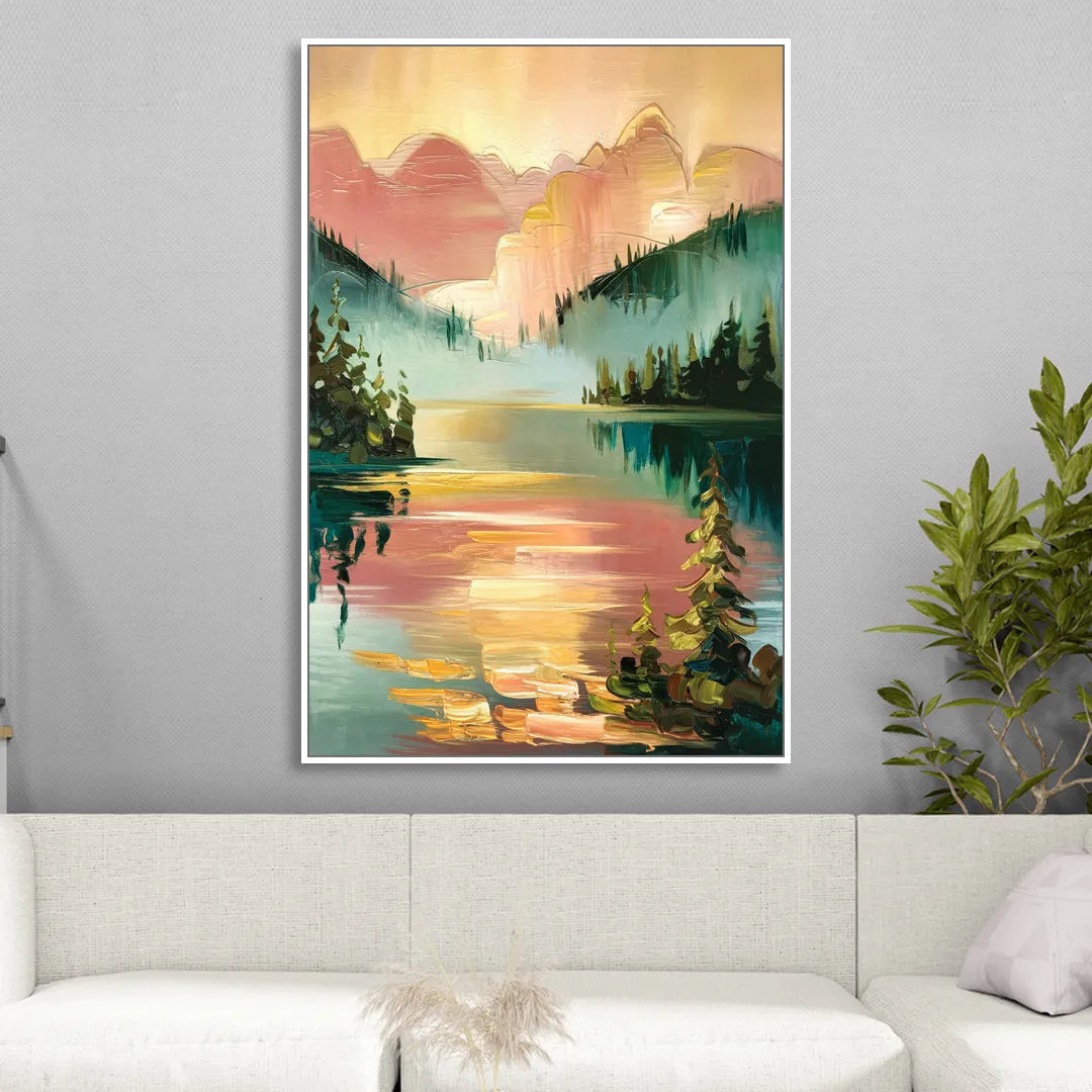 Lake Placid Sunrise Over Peaks Living Room - White Canvas Wall Art