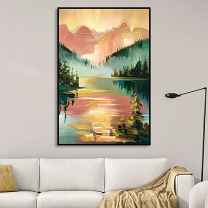 Lake Placid Sunrise Over Peaks Sitting Room - Black Canvas Wall Art