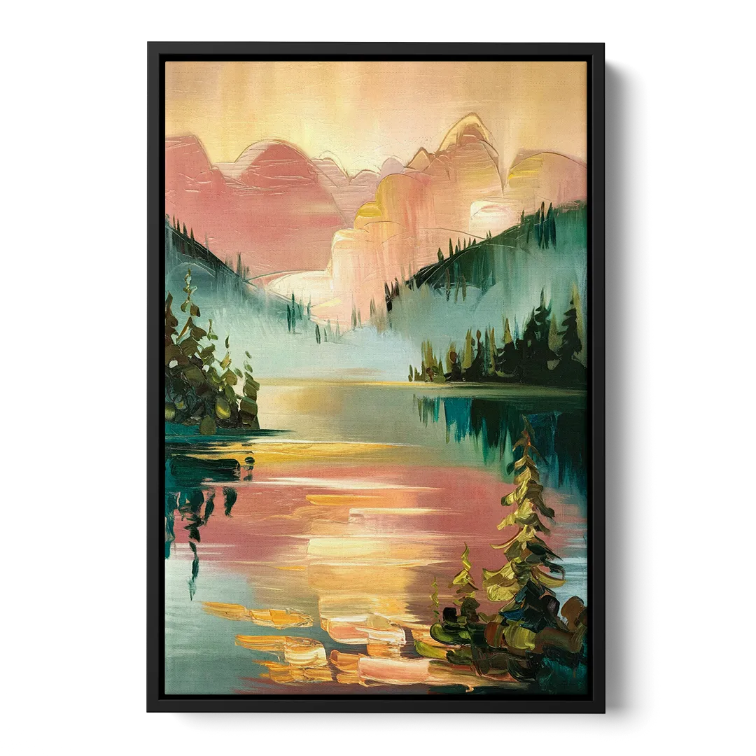 Lake Placid Sunrise Over Peaks Front - Black Canvas Wall Art