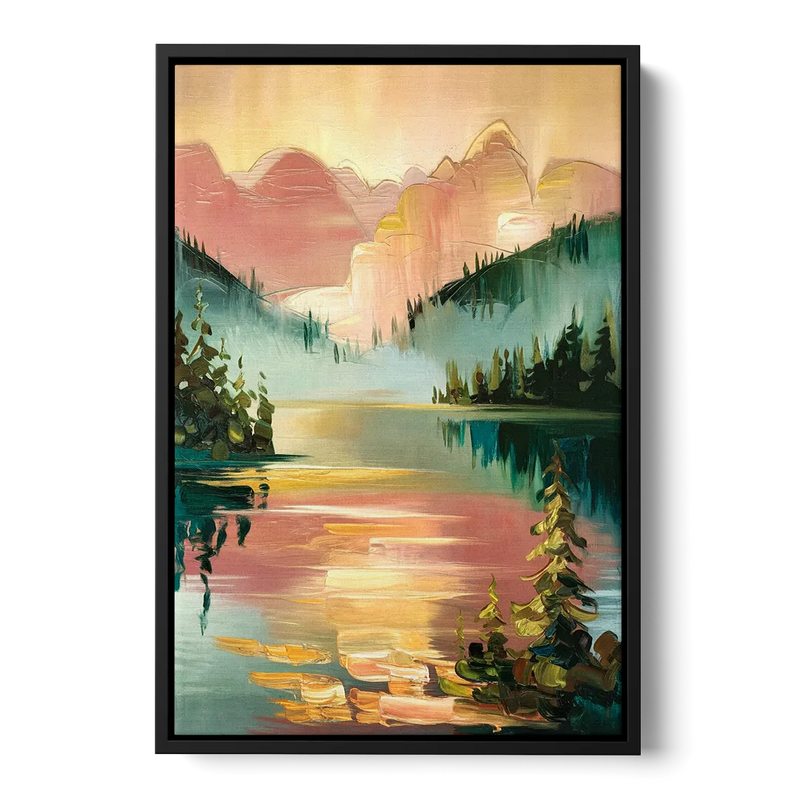 Lake Placid Sunrise Over Peaks Front - Black Canvas Wall Art
