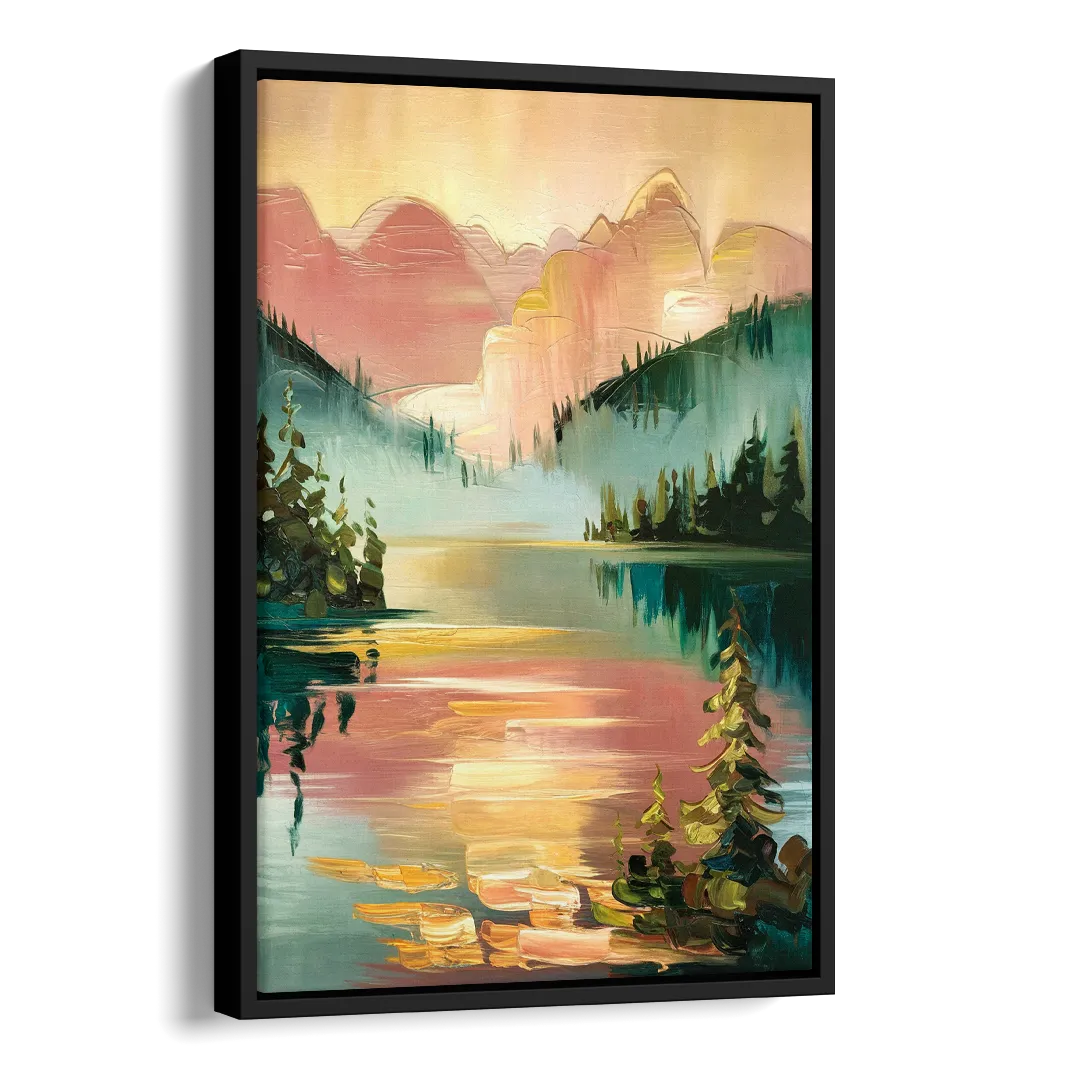 Lake Placid Sunrise Over Peaks Side - Black Canvas Wall Art