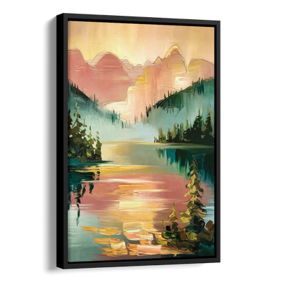 Lake Placid Sunrise Over Peaks Side - Black Canvas Wall Art
