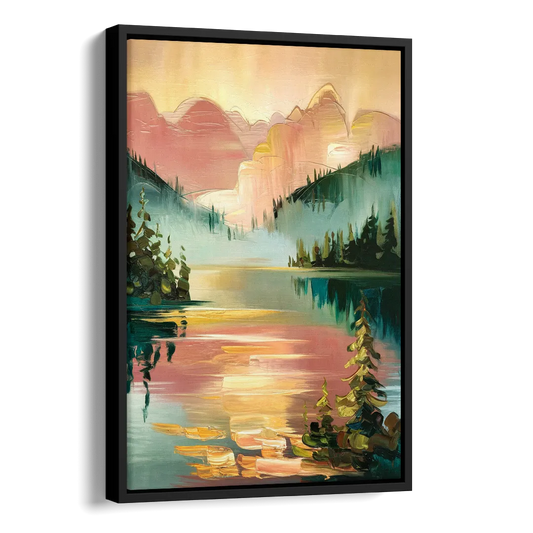 Lake Placid Sunrise Over Peaks Side - Black Canvas Wall Art