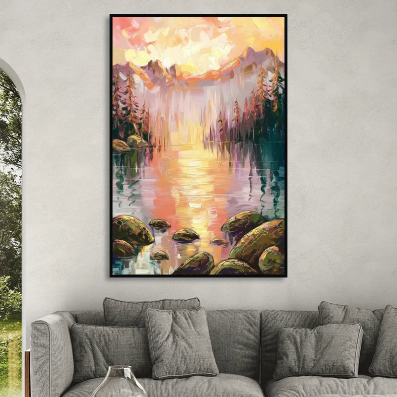 Lake Tahoe Alpine Sunrise Living Room - Black Canvas Wall Art