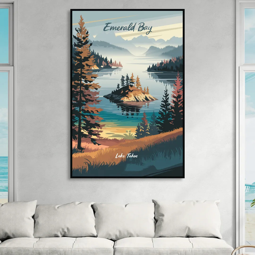 Lake Tahoe Emerald Bay View Living Room - Black Canvas Wall Art