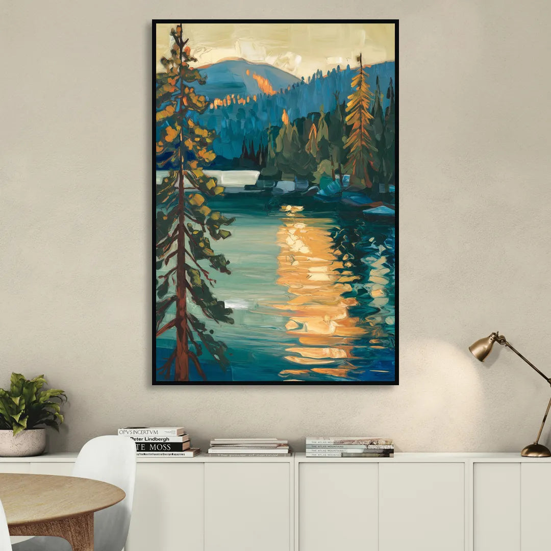 Lake Tahoe Forest Horizon Living Room - Black Canvas Wall Art