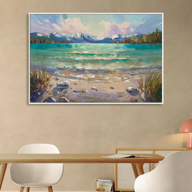 Lake Tahoe Mountain Serenity Living Room - White Canvas Wall Art