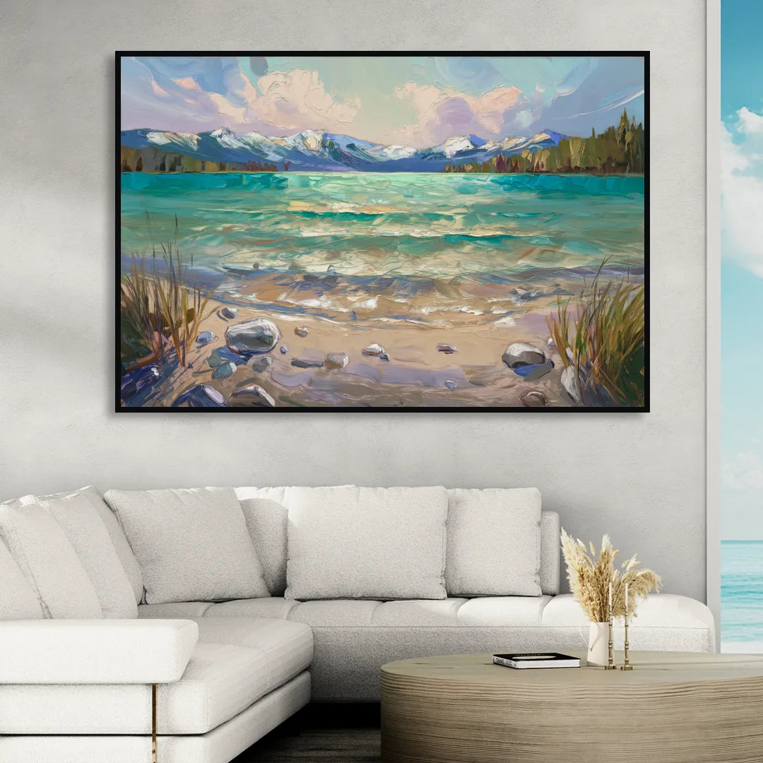 Lake Tahoe Mountain Serenity Living Room - Black Canvas Wall Art