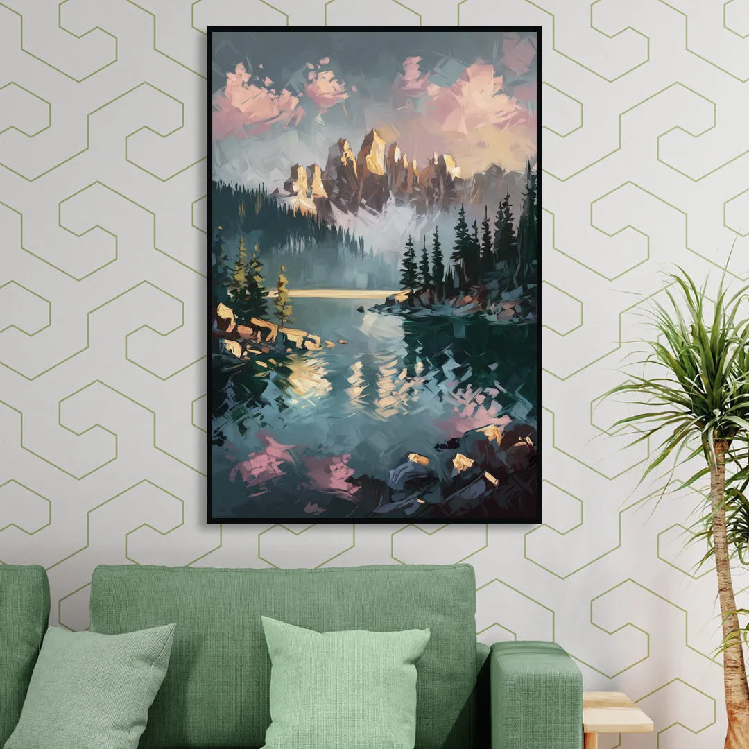 Lake Tahoe Snowy Peaks Sitting Room - Black Canvas Wall Art
