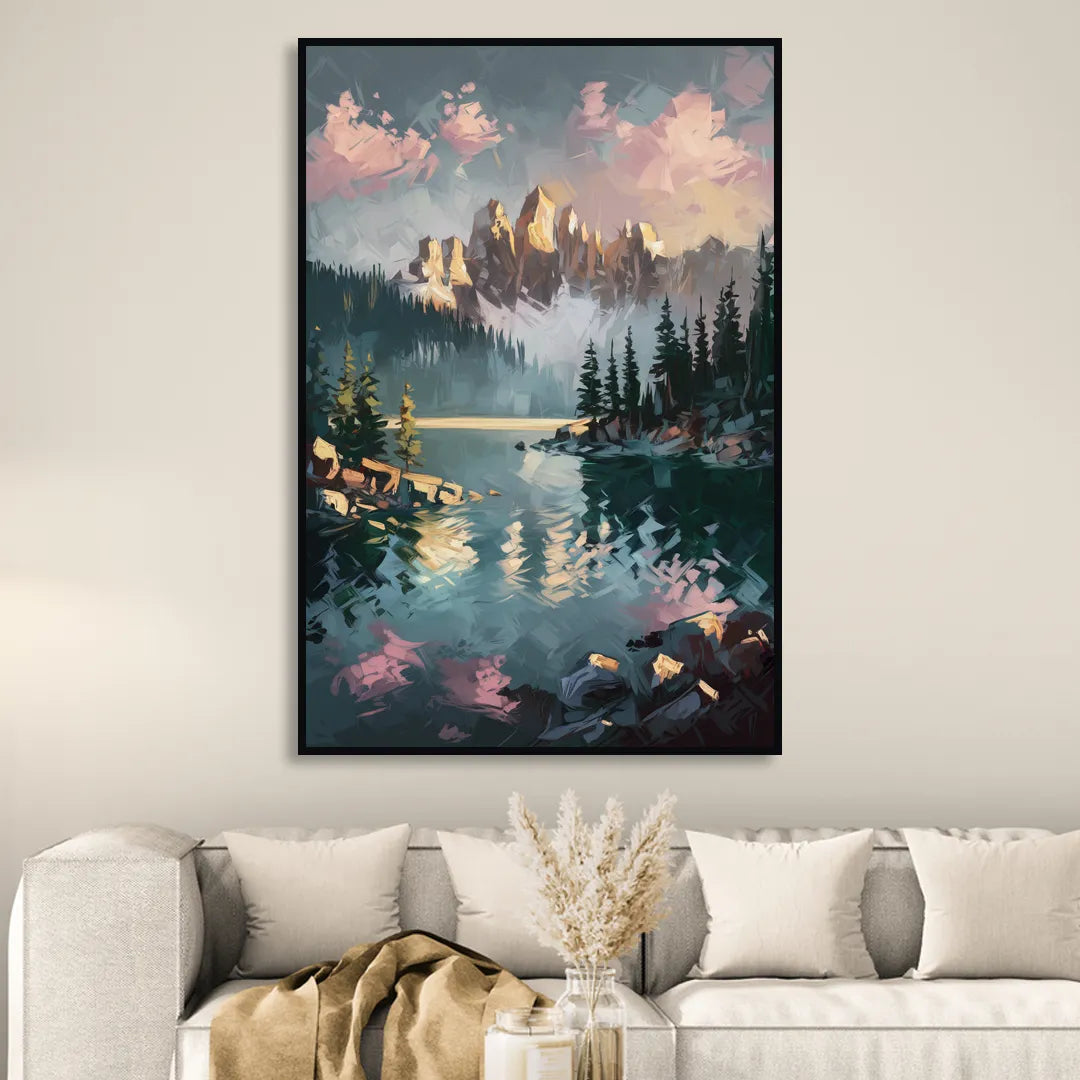 Lake Tahoe Snowy Peaks Living Room - Black Canvas Wall Art