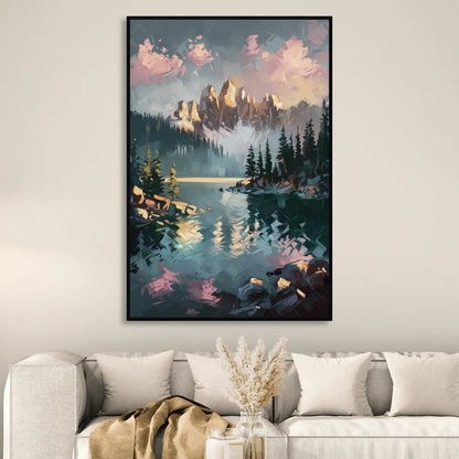 Lake Tahoe Snowy Peaks Living Room - Black Canvas Wall Art