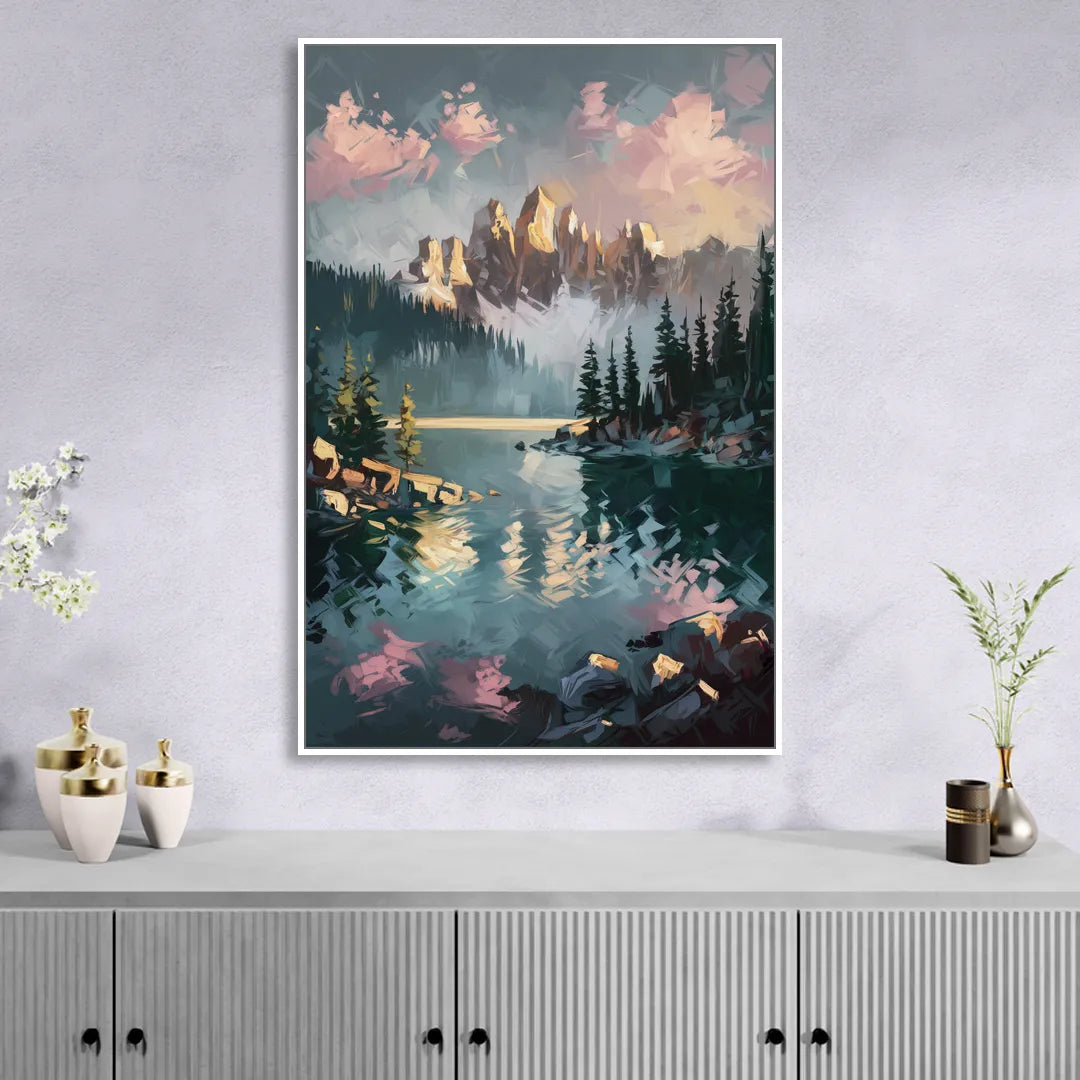 Lake Tahoe Snowy Peaks Living Room - White Canvas Wall Art