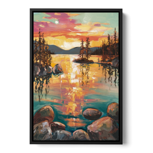 Lake Tahoe Sunset Reflections - Black Framed Canvas Wall Art - Front