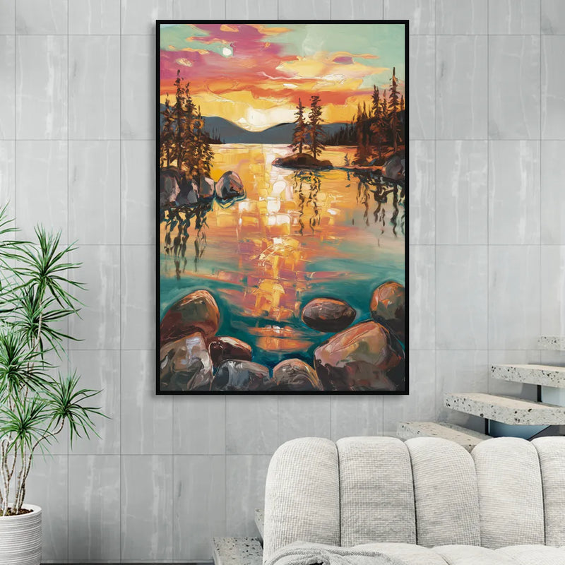 Lake Tahoe Sunset Reflections Sitting Room - Black Canvas Wall Art