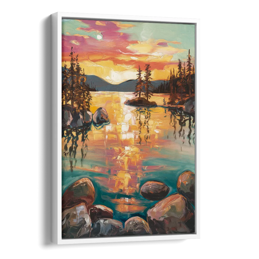 Lake Tahoe Sunset Reflections Side - White Canvas Wall Art