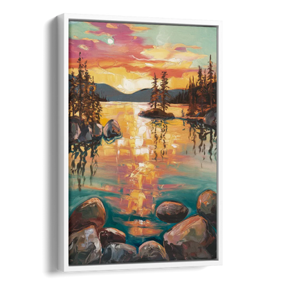 Lake Tahoe Sunset Reflections Side - White Canvas Wall Art