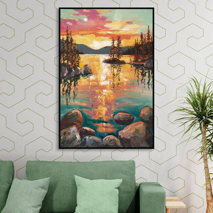 Lake Tahoe Sunset Reflections Living Room - Black Canvas Wall Art