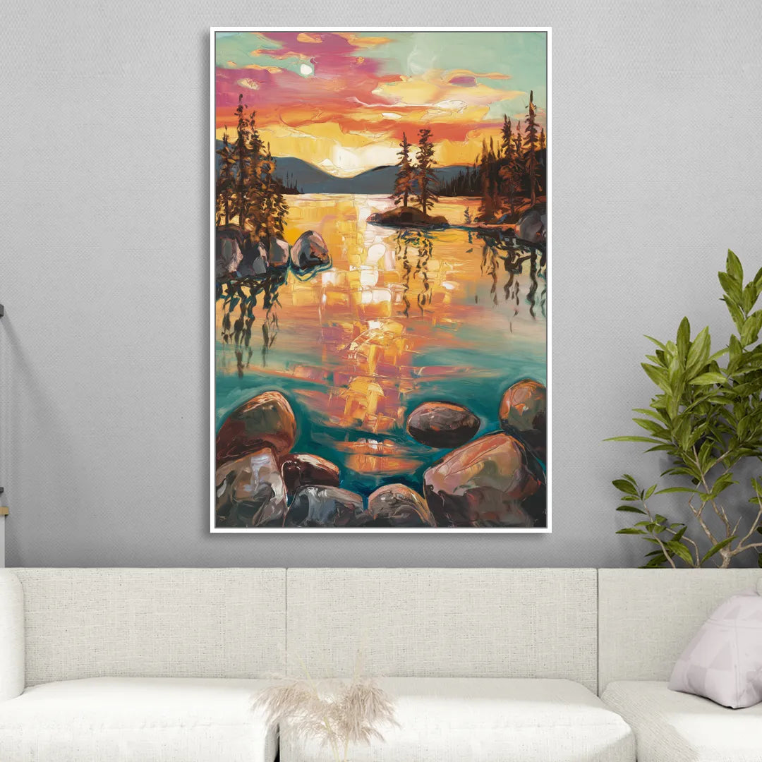Lake Tahoe Sunset Reflections Sitting Room - White Canvas Wall Art