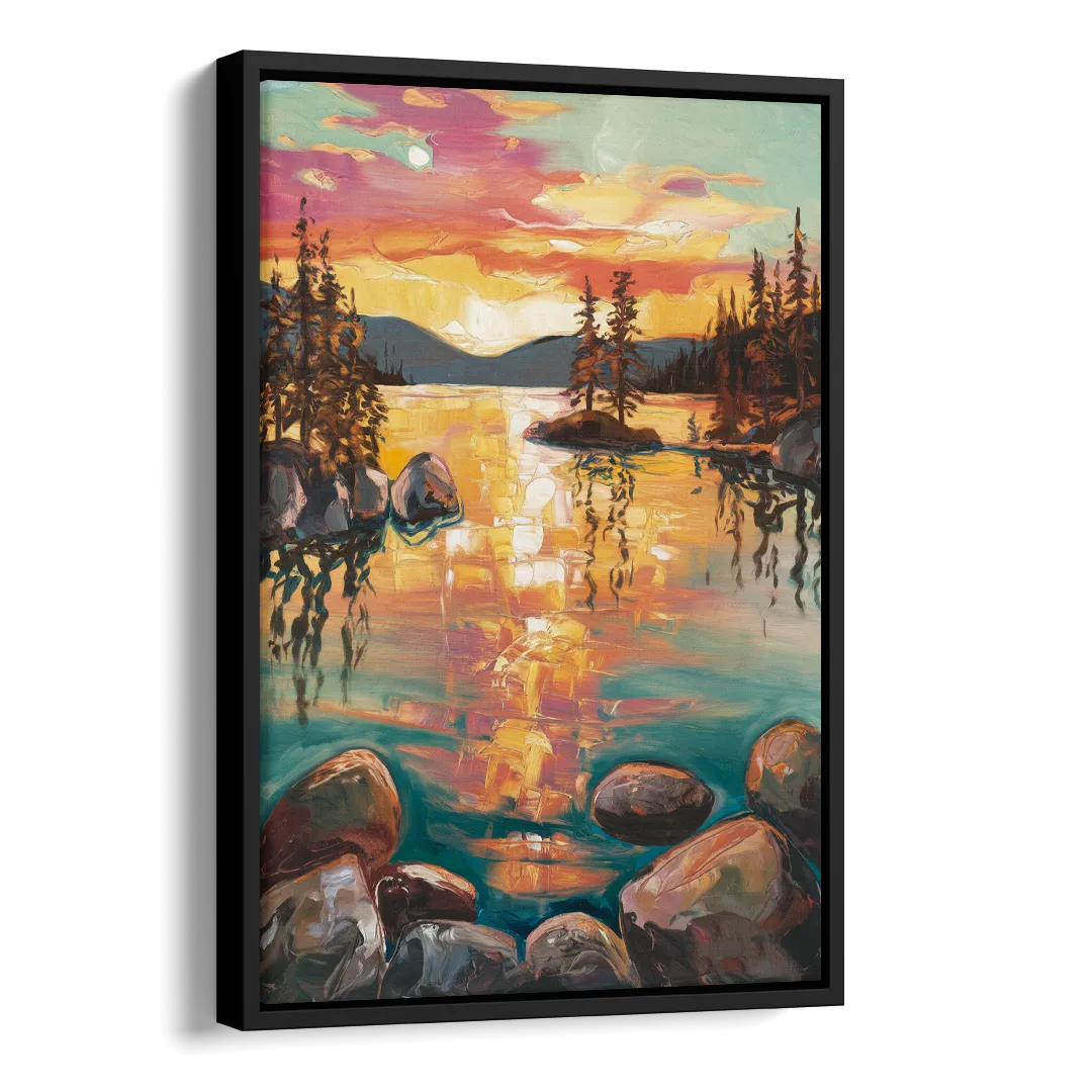 Lake Tahoe Sunset Reflections Side - Black Canvas Wall Art