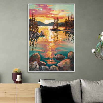 Lake Tahoe Sunset Reflections Living Room - White Canvas Wall Art